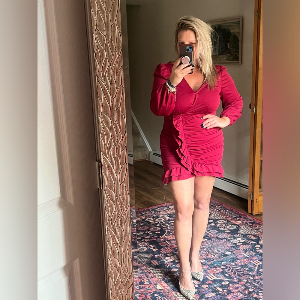 BNWT zip up jersey knit long sleeve cocktail formal ruched ruffle mini dress